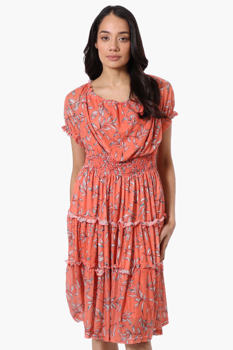 Costa Blanca Leaf Print Tiered Smocked Waist Midi Dress - Coral - Womens Midi Dresses - Fairweather