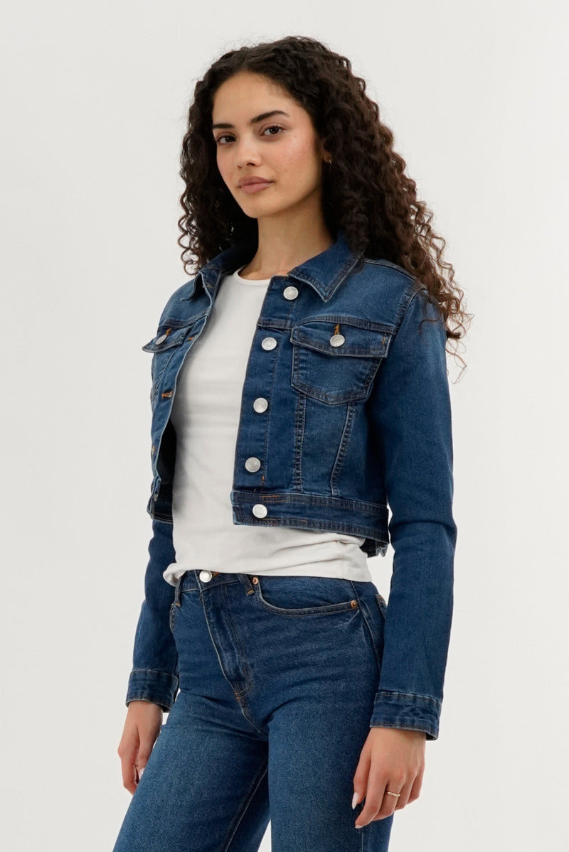 New Look Cropped Button Down Denim Jacket - Blue