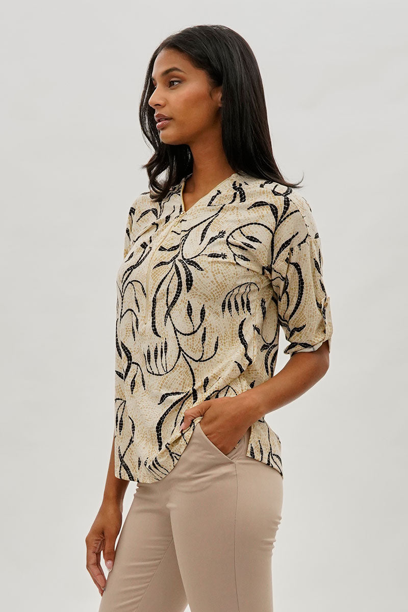 Beechers Brook Patterned Half Zip Blouse - Beige - Womens Shirts & Blouses - Fairweather