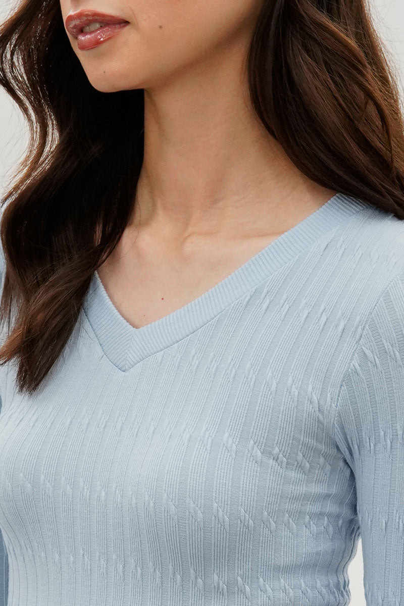 International INC Company Ribbed V-Neck Long Sleeve Top - Blue - Womens Long Sleeve Tops - Fairweather