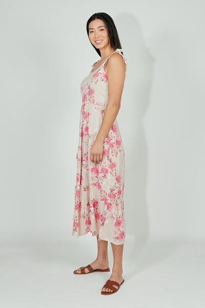 Limite Floral Tiered Shoulder Tie Maxi Dress - Pink - Womens Maxi Dresses - Fairweather