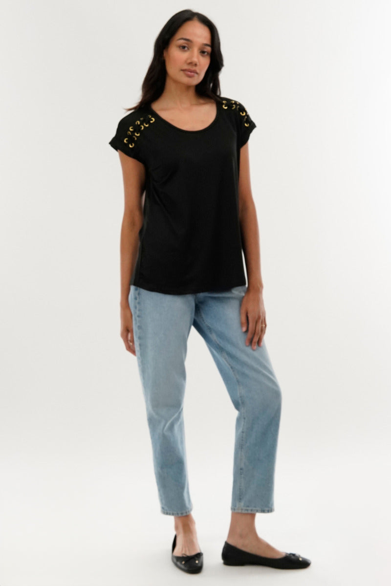 International INC Company Shoulder Lace Up Tee - Black - Womens Tees & Tank Tops - Fairweather