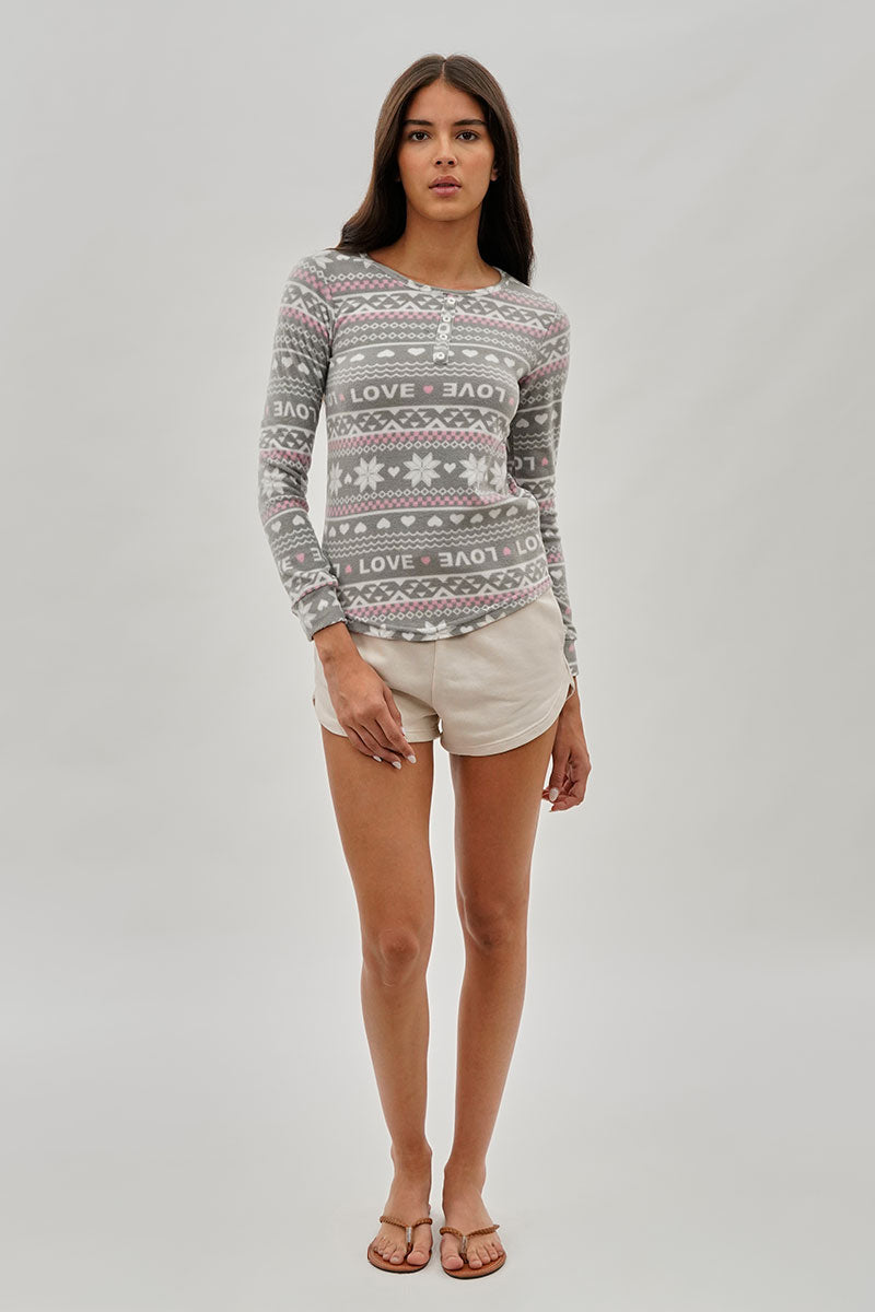 Canada Weather Gear Festive Print Henley Pajama Top - Grey - Womens Pajamas - Fairweather