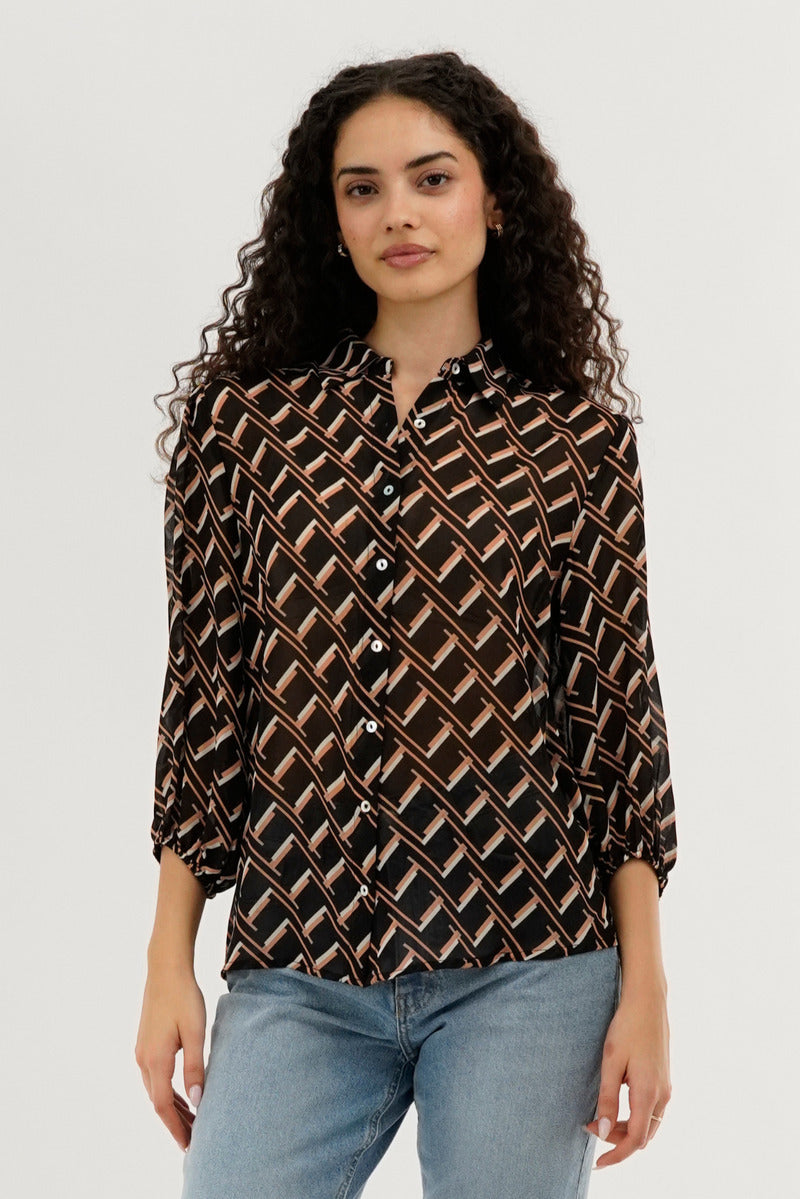 Costa Blanca Patterned Sheer Button Down Blouse - Black
