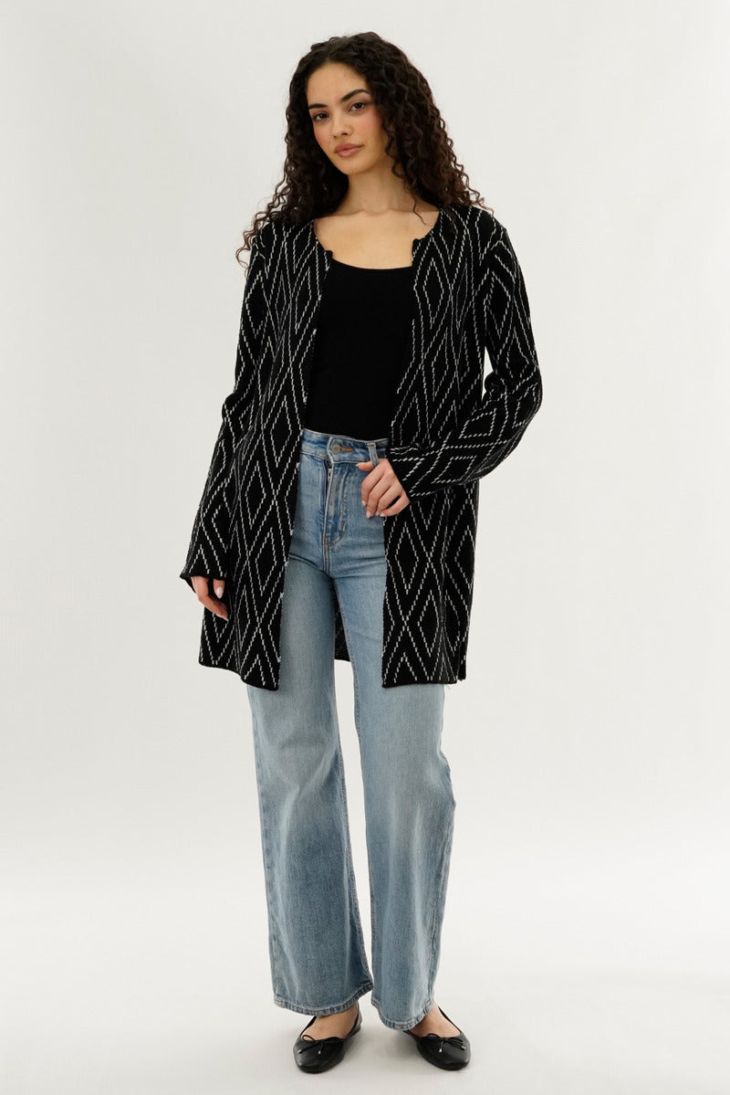 Beechers Brook Long Printed Open Cardigan - Black - Womens Cardigans - Fairweather