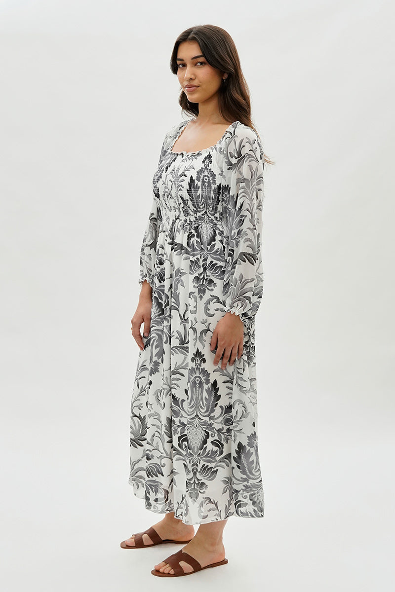 Costa Blanca Floral Smocked Long Sleeve Maxi Dress - Grey - Womens Maxi Dresses - Fairweather