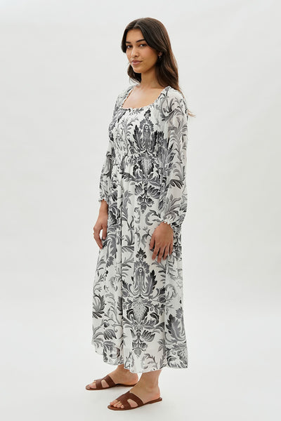 Costa Blanca Floral Smocked Long Sleeve Maxi Dress - Grey - Womens Maxi Dresses - Fairweather
