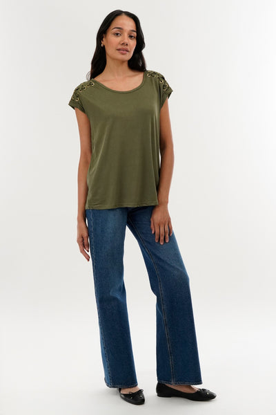 International INC Company Shoulder Lace Up Tee - Olive - Womens Tees & Tank Tops - Fairweather