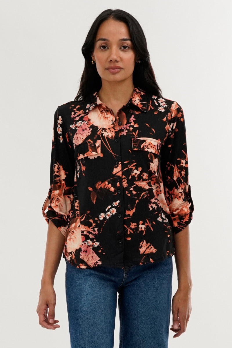 International INC Company Floral Button Down Shirt - Black - Womens Shirts & Blouses - Fairweather
