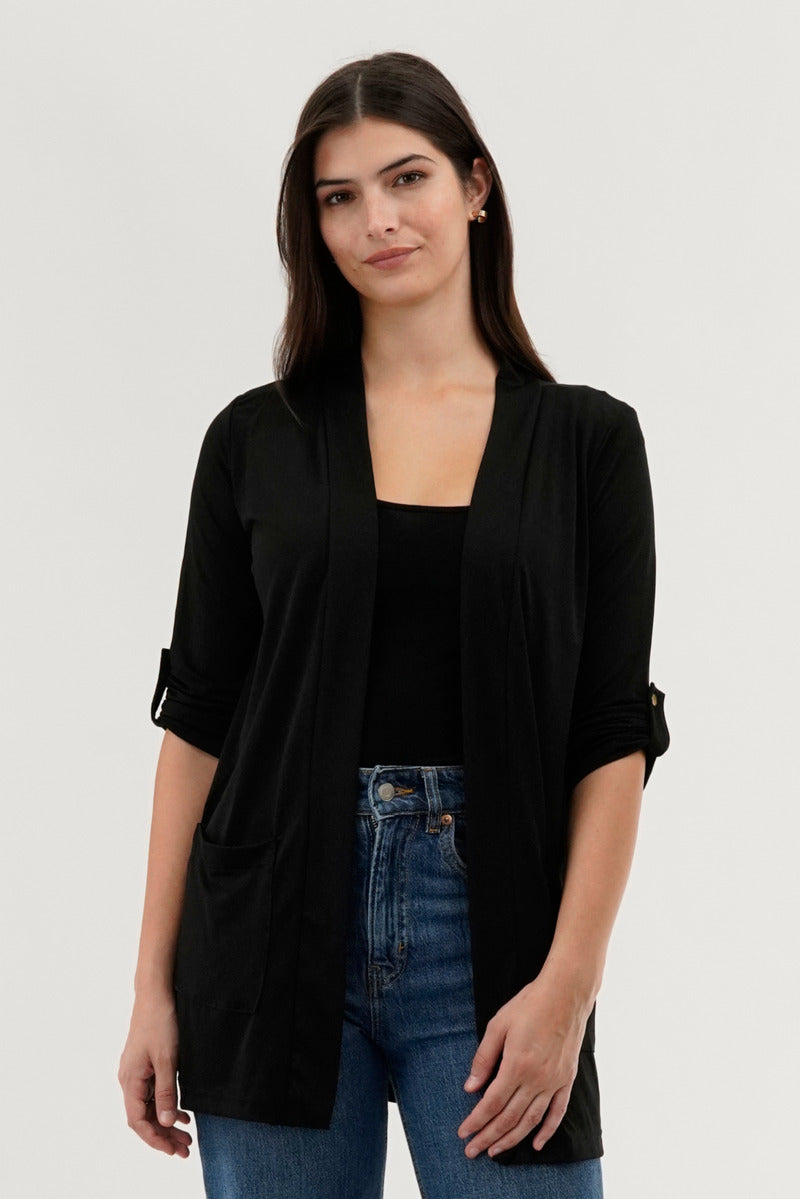 International INC Company Roll Up Sleeve Wrap Cardigan - Black