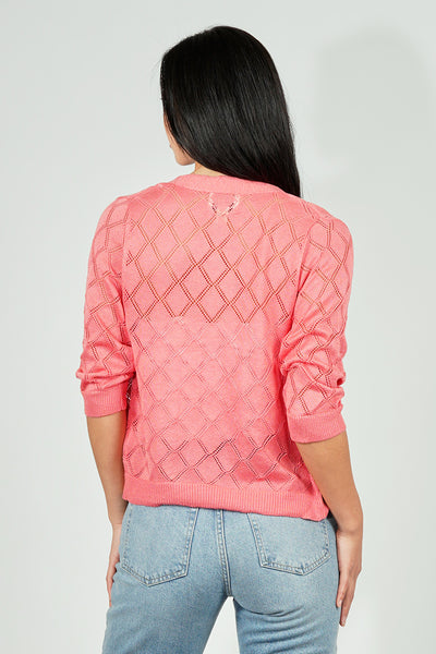Beechers Brook Diamond Knit 3/4 Sleeve Open Cardigan - Pink - Womens Cardigans - Fairweather