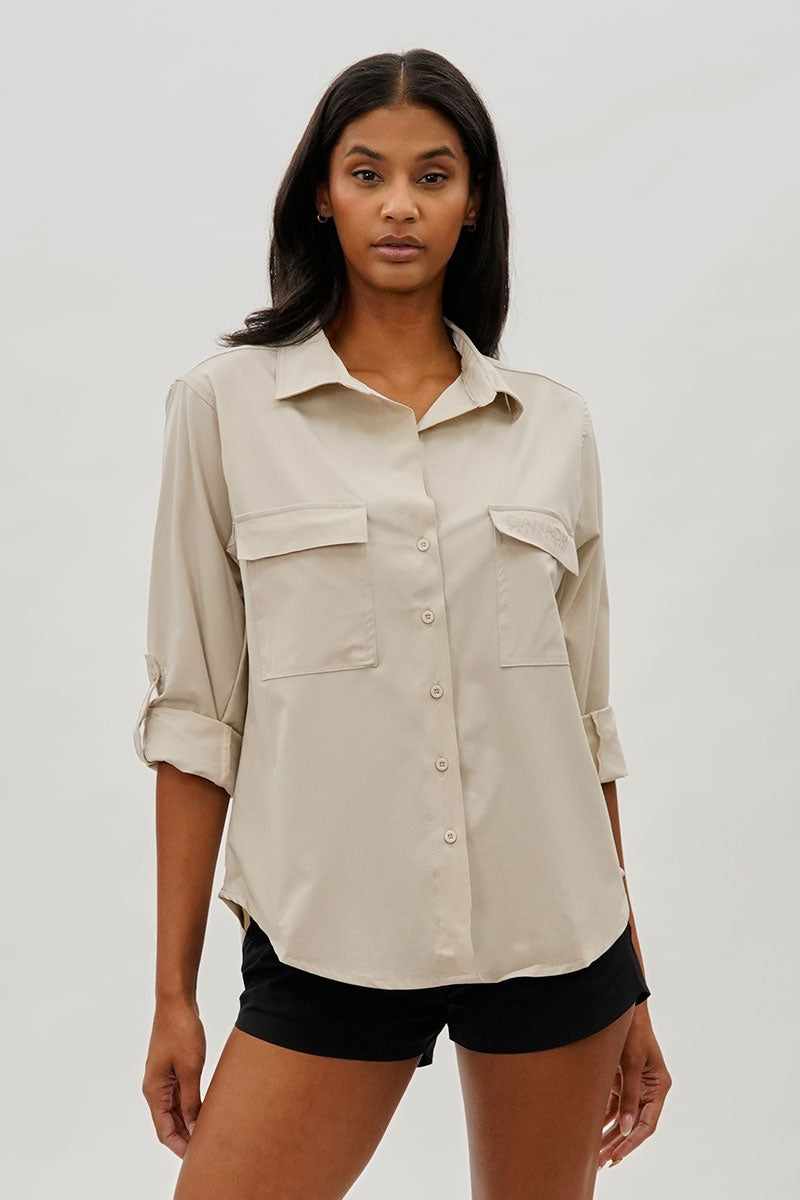 Canada Weather Gear Button Up Ripstop Utility Shirt - Beige - Womens Shirts & Blouses - Fairweather