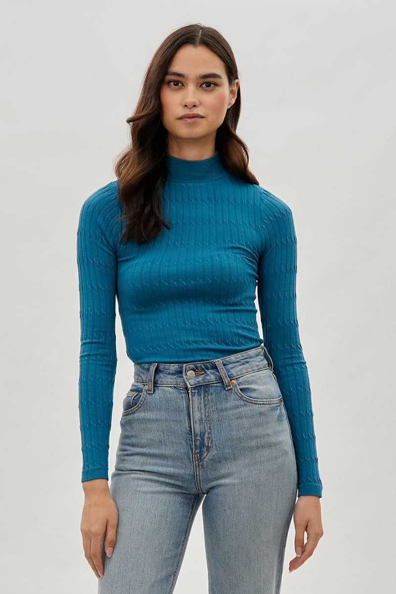 International INC Company Ribbed Mock Neck Long Sleeve Top - Blue - Womens Long Sleeve Tops - Fairweather