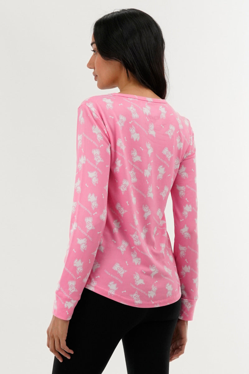 Canada Weather Gear Dog Print Henley Pajama Top - Pink - Womens Pajamas - Fairweather