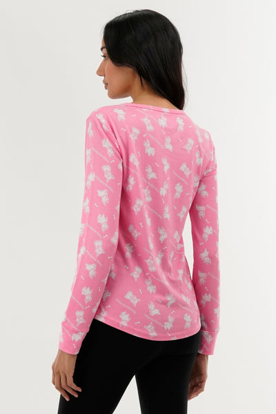 Canada Weather Gear Dog Print Henley Pajama Top - Pink - Womens Pajamas - Fairweather