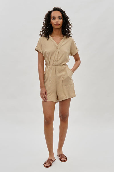 Stylexchange Vintage Back Tie Button Up Romper - Beige - Womens Jumpsuits & Rompers - Fairweather