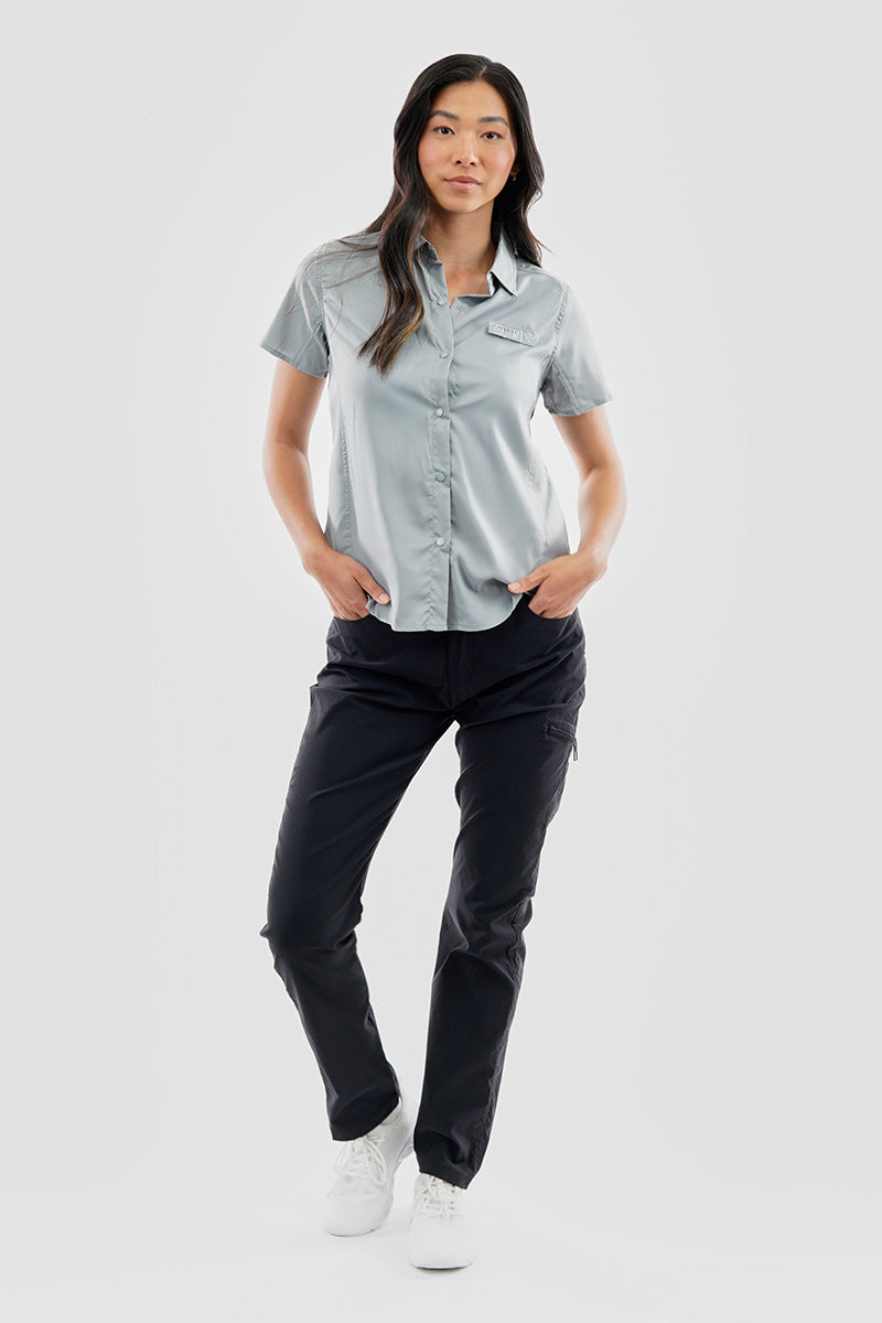 Canada Weather Gear Solid Short Sleeve Button Up Shirt - Grey - Womens Shirts & Blouses - Fairweather