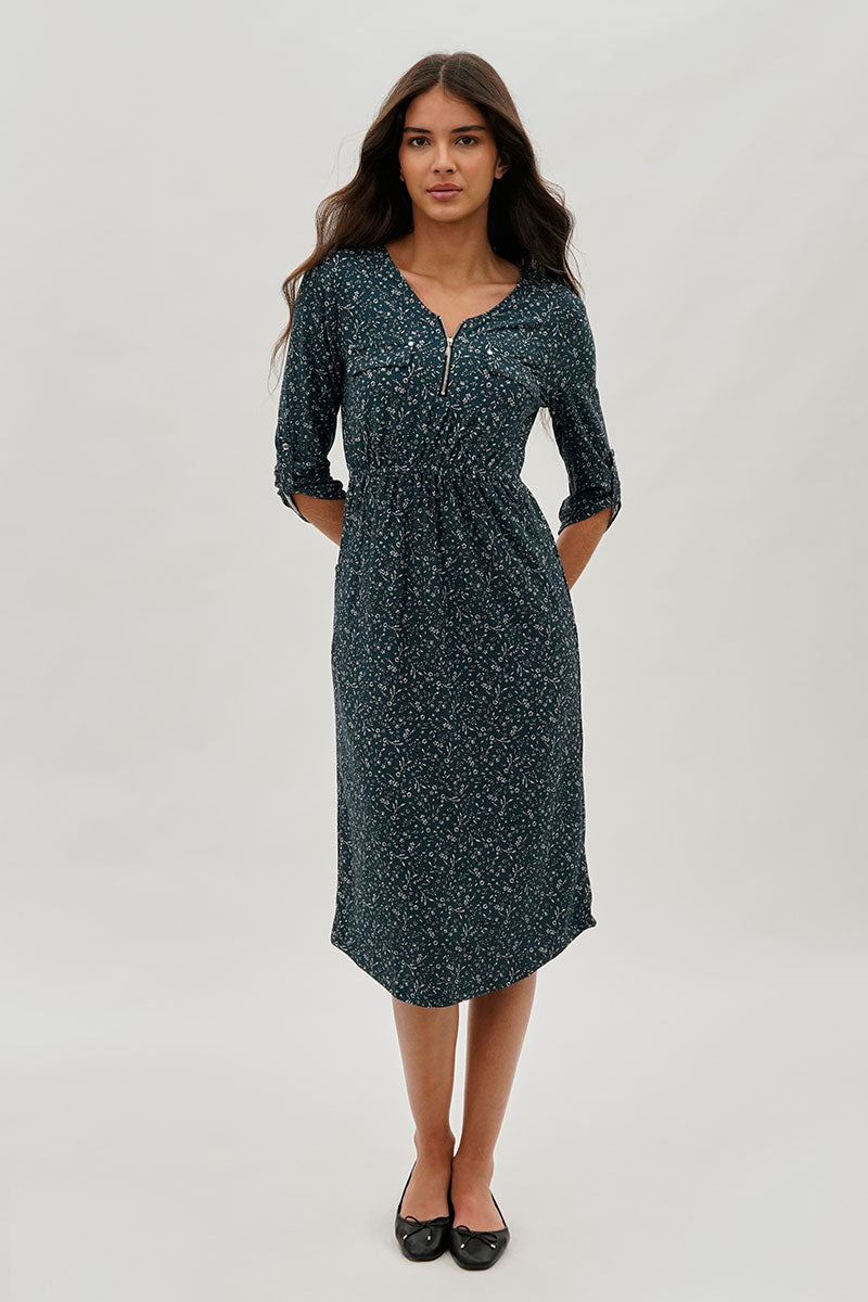 International INC Company Floral Front Zip Midi Dress - Teal - Womens Midi Dresses - Fairweather