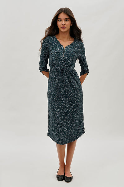 International INC Company Floral Front Zip Midi Dress - Teal - Womens Midi Dresses - Fairweather