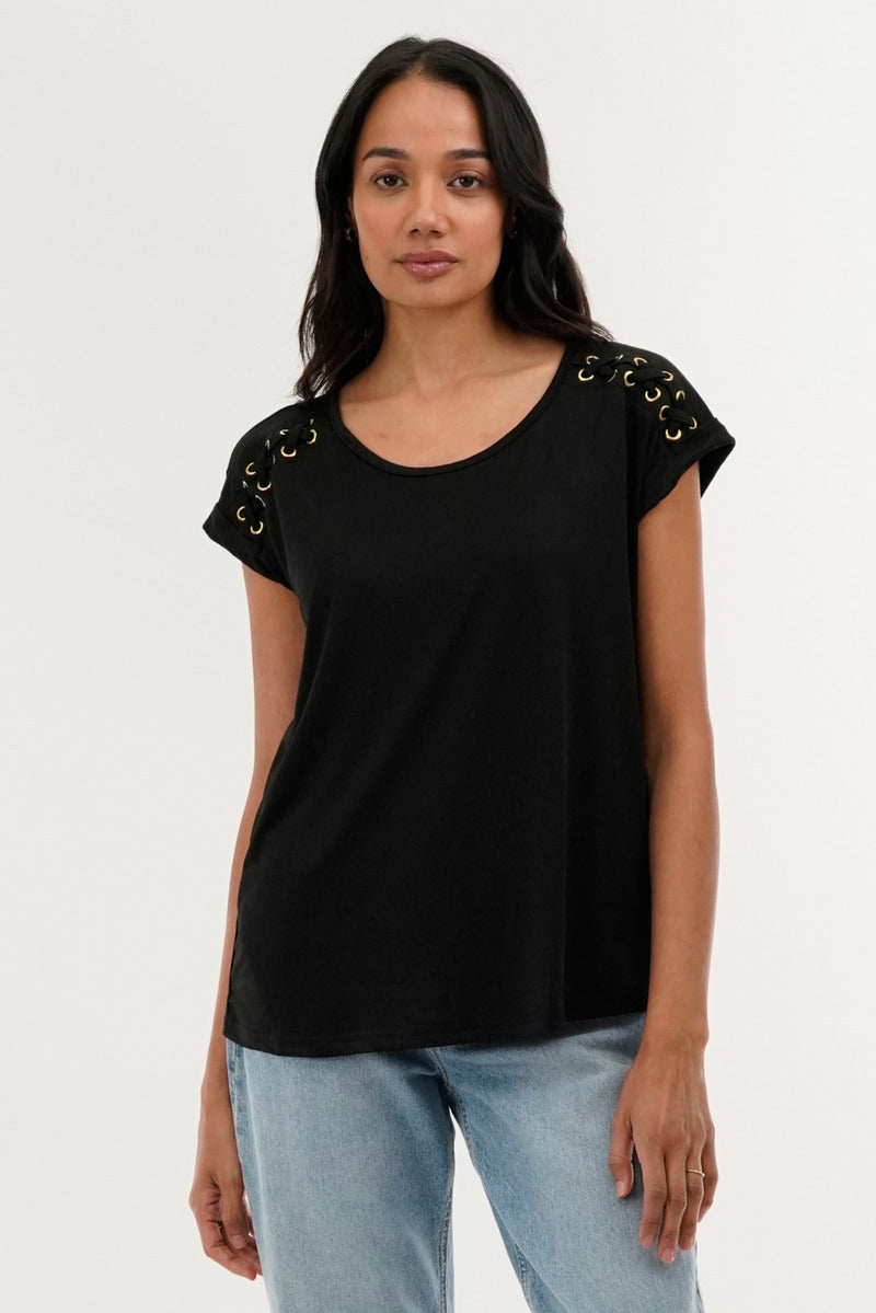 International INC Company Shoulder Lace Up Tee - Black - Womens Tees & Tank Tops - Fairweather