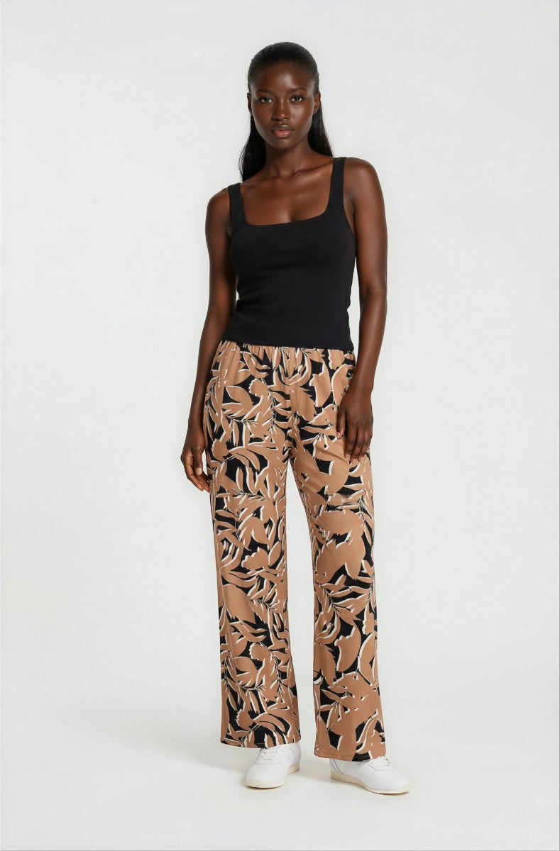 Printed Wide Leg Pants with Rope Belt - Brown
