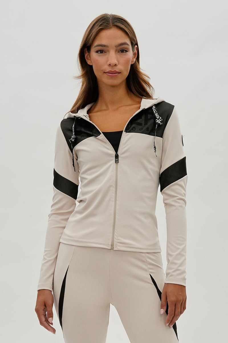 Super Triple Goose Zip Up Mesh Detail Hoodie - Beige - Womens Hoodies & Sweatshirts - Fairweather