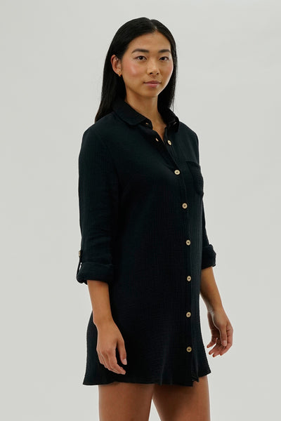 Impress Button Up Day Dress - Black