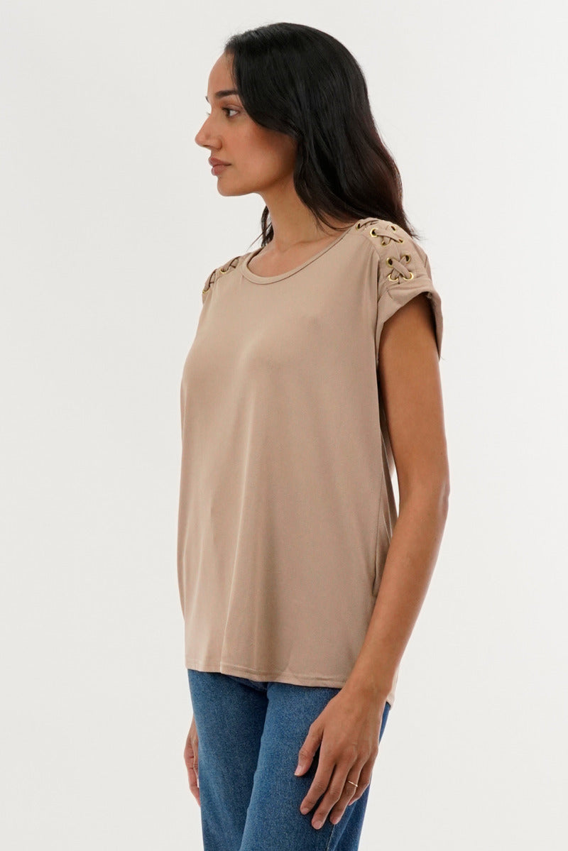 International INC Company Shoulder Lace Up Tee - Taupe - Womens Tees & Tank Tops - Fairweather