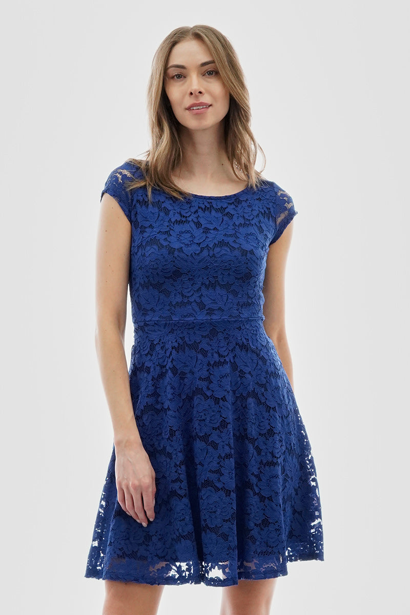 Costa Blanca Floral Lace Cap Sleeve Day Dress - Blue - Womens Day Dresses - Fairweather