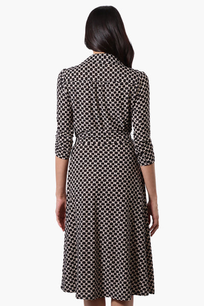 Beechers Brook Patterned Belted 3/4 Sleeve Midi Dress - Black - Womens Midi Dresses - Fairweather