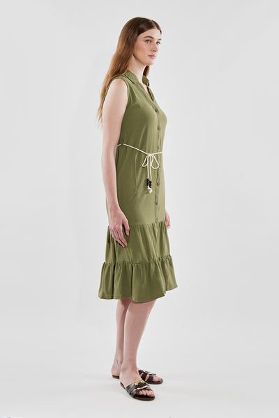 Stylexchange Rope Belted Button Down Day Dress - Olive