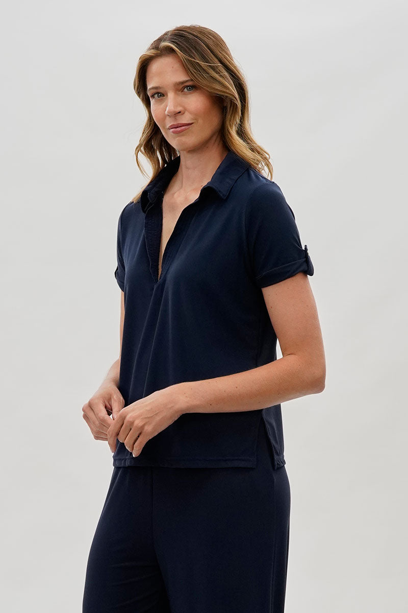 Costa Blanca Short Sleeve Split Neck Blouse - Navy - Womens Shirts & Blouses - Fairweather