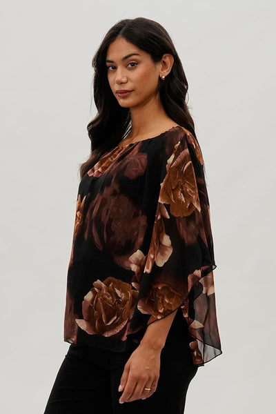 Costa Blanca Floral Chiffon Cape Blouse - Brown - Womens Shirts & Blouses - Fairweather