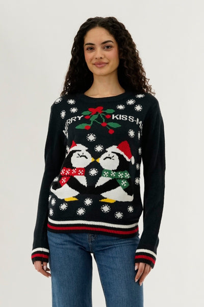 Festive Merry Kiss Mas Christmas Sweater - Black - Womens Christmas Sweaters - Fairweather