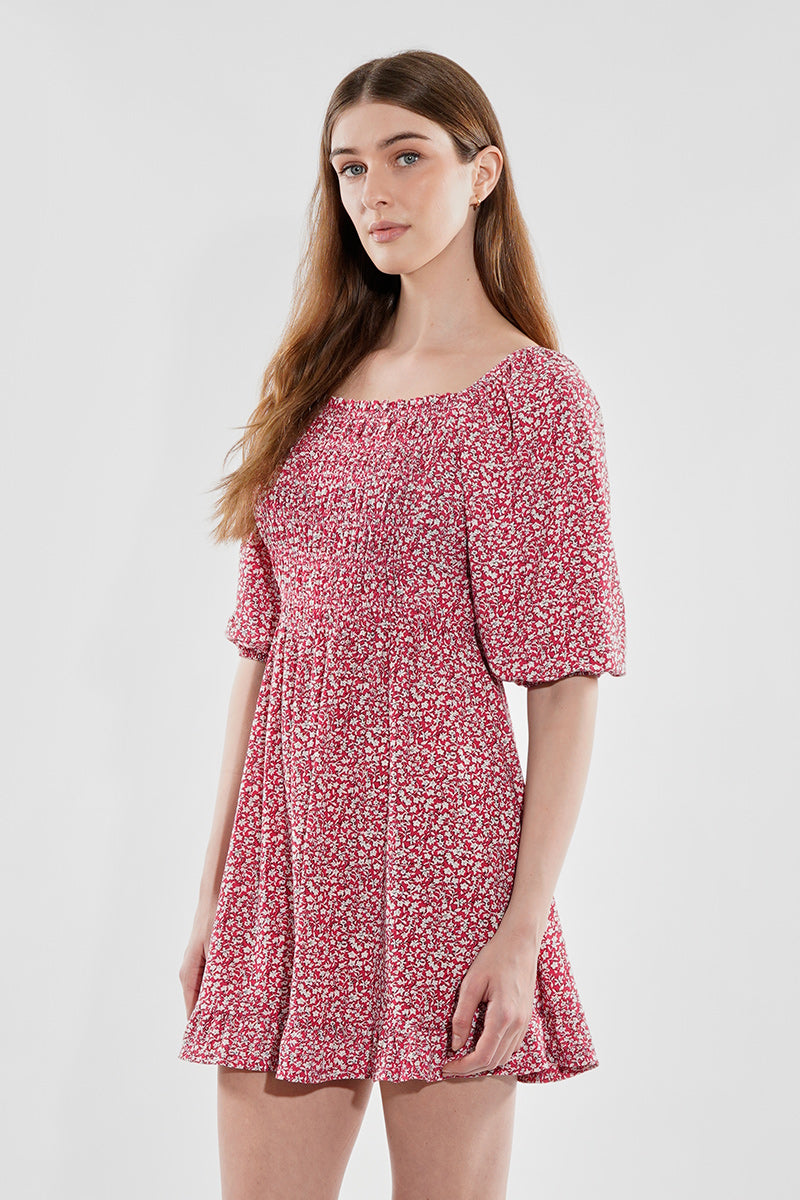 Beechers Brook Floral Puff Sleeve Smocked Day Dress - Pink