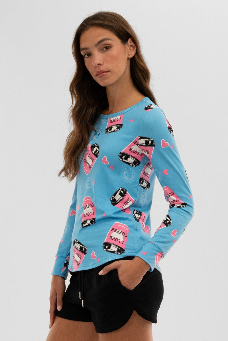 Canada Weather Gear Coffee Print Henley Pajama Top - Blue - Womens Pajamas - Fairweather