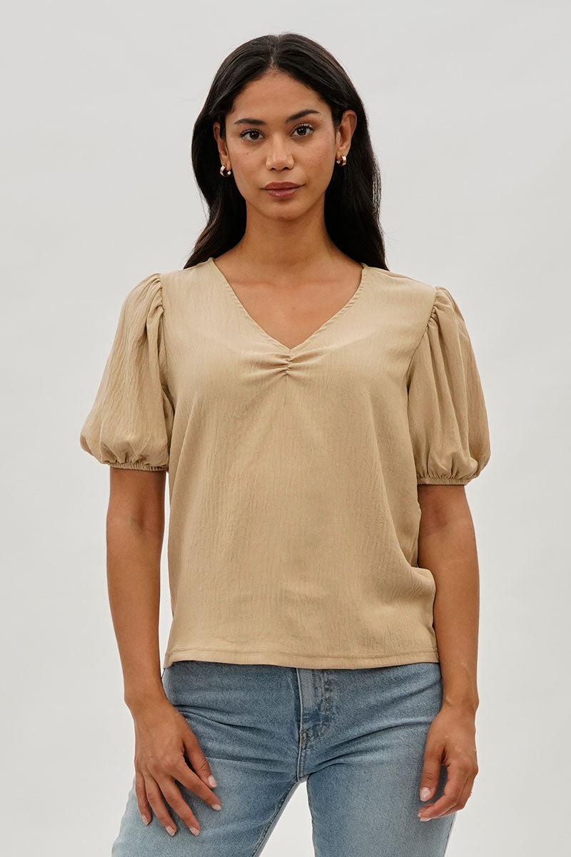 Stylexchange Vintage Puff Sleeve V-Neck Blouse - Beige - Womens Shirts & Blouses - Fairweather