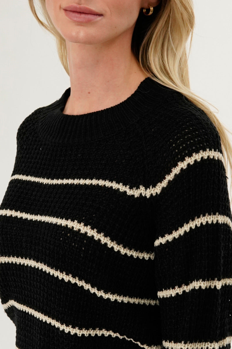 International INC Company Striped Knit Crewneck Pullover Sweater - Black - Womens Pullover Sweaters - Fairweather