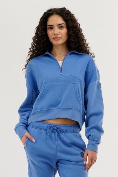 Fahrenheit Half Zip Cropped Sweatshirt - Blue - Womens Hoodies & Sweatshirts - Fairweather