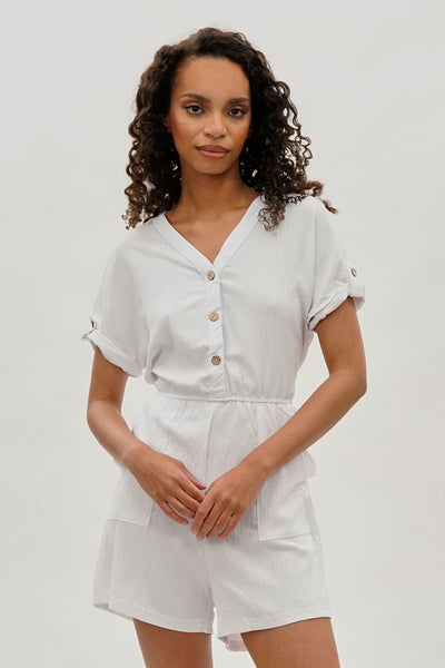 Stylexchange Vintage Back Tie Button Up Romper - White - Womens Jumpsuits & Rompers - Fairweather