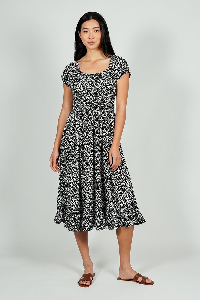 Beechers Brook Floral Short Sleeve Tiered Midi Dress - Black - Womens Midi Dresses - Fairweather