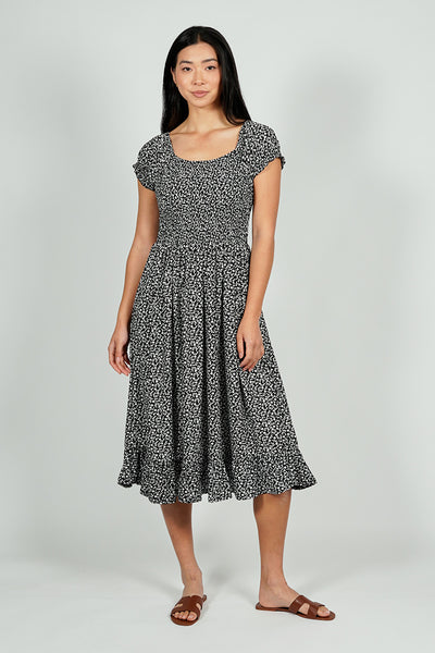 Beechers Brook Floral Short Sleeve Tiered Midi Dress - Black - Womens Midi Dresses - Fairweather