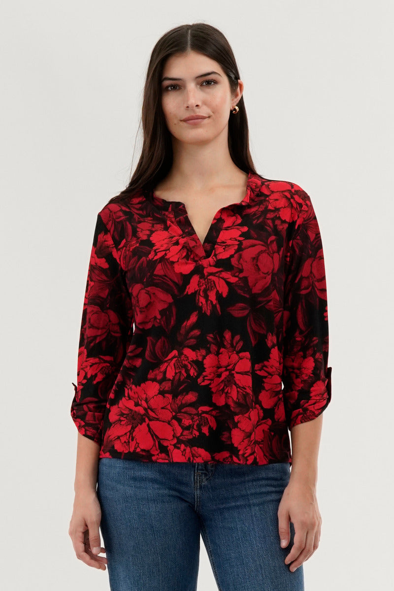 Beechers Brook Floral Split Neck Blouse - Red - Womens Shirts & Blouses - Fairweather