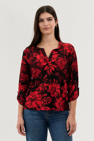 Beechers Brook Floral Split Neck Blouse - Red - Womens Shirts & Blouses - Fairweather