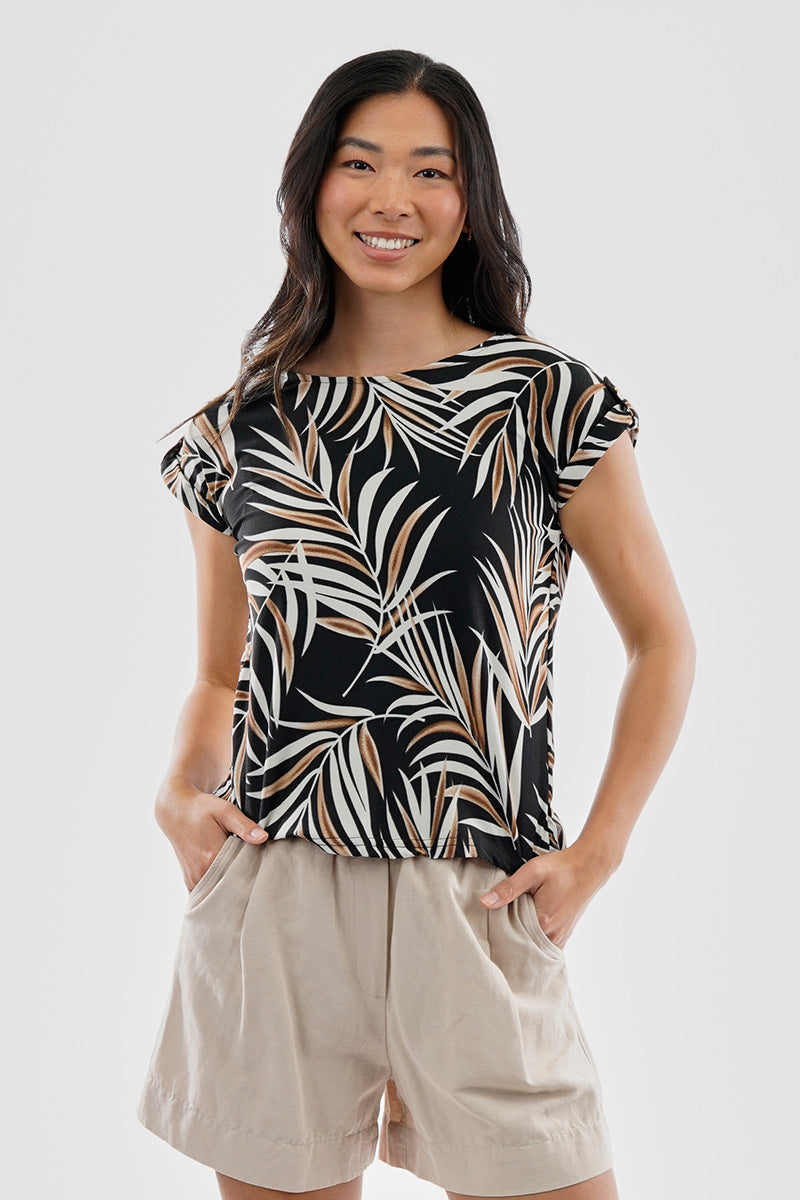 Beechers Brook Leaf Print Cap Sleeve Back Slit Tee - Black - Womens Tees & Tank Tops - Fairweather