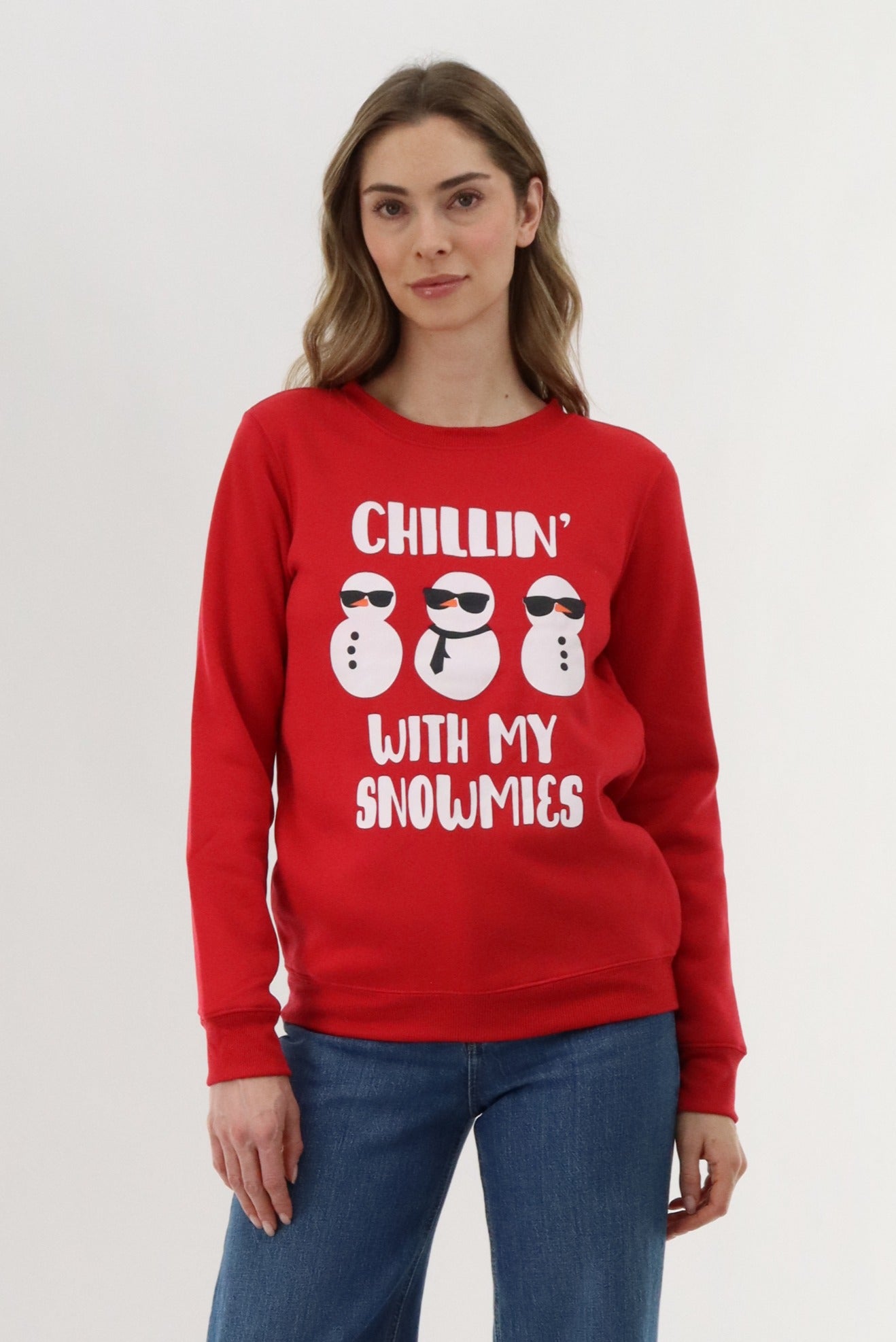 Festive Snowmies Christmas Sweater - Red - Womens Christmas Sweaters - Fairweather