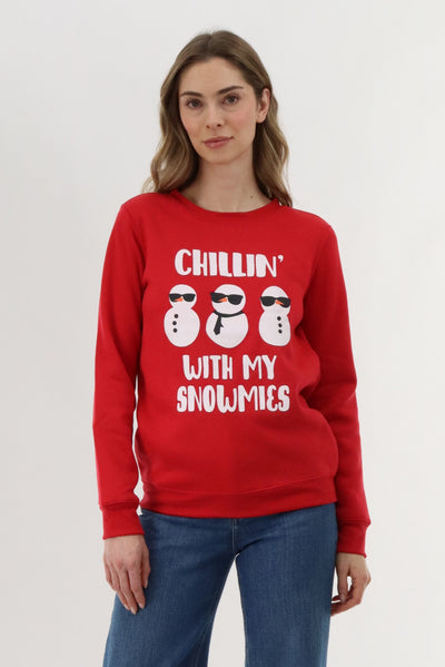 Festive Snowmies Christmas Sweater - Red - Womens Christmas Sweaters - Fairweather