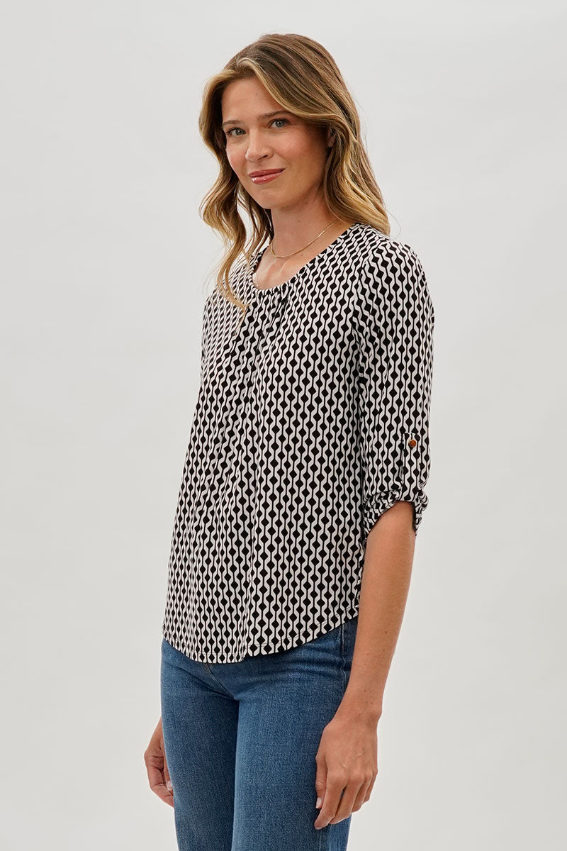 Beechers Brook Patterned Roll Up Sleeve Blouse - White - Womens Shirts & Blouses - Fairweather