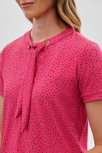 Beechers Brook Polka Dot Tie-Neck Short Sleeve Blouse - Pink - Womens Shirts & Blouses - Fairweather