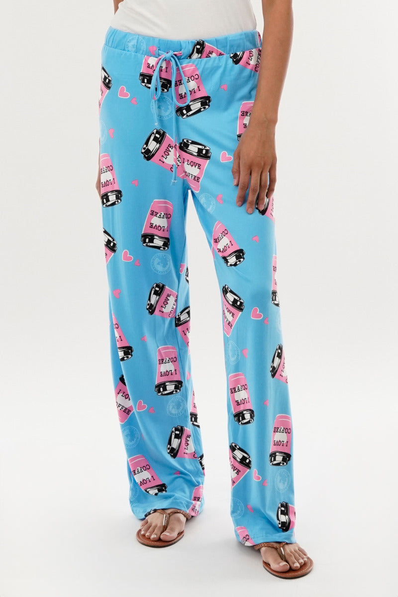 Canada Weather Gear Coffee Print Wide Leg Pajama Pants - Blue - Womens Pajamas - Fairweather